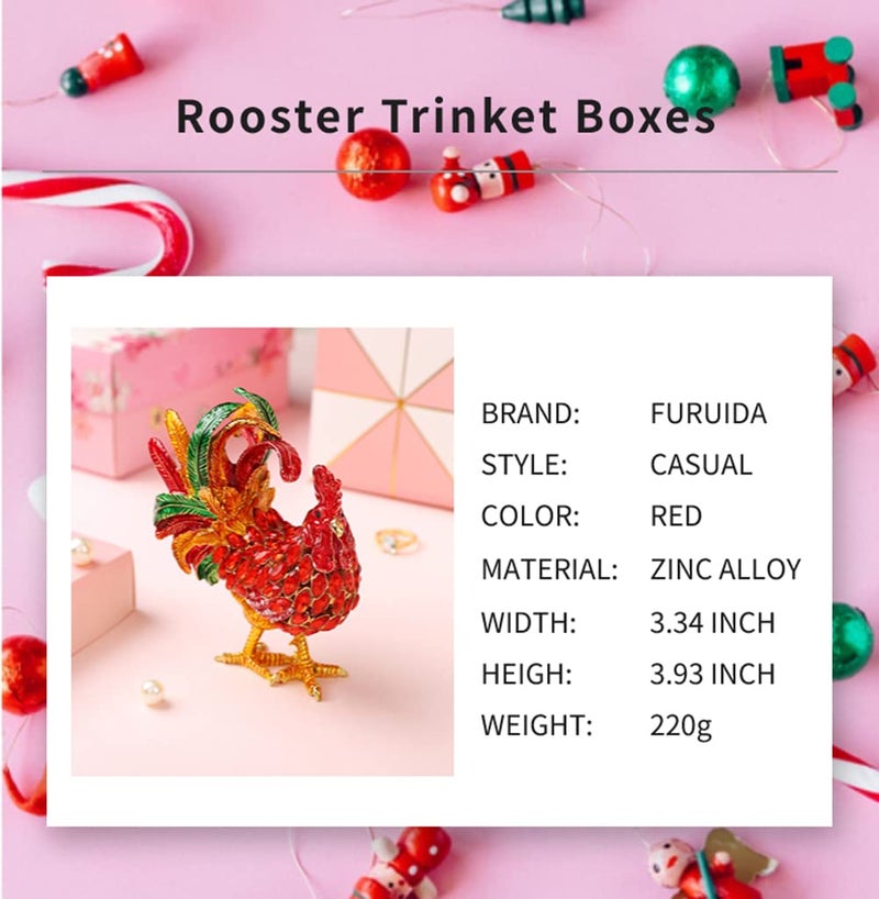 Furuida Rooster Trinket Boxes Hinged Enameled Jewelry Box Hand-Painted Animals Ornaments Craft Gift for Home Decor (Red) - Image 2